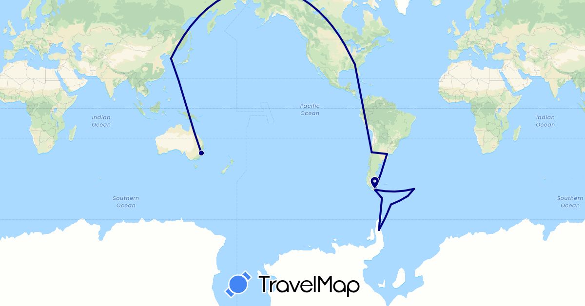 TravelMap itinerary: driving in Argentina, Australia, Chile, South Georgia and the South Sandwich Islands, South Korea, United States (Antarctica, Asia, North America, Oceania, South America)
